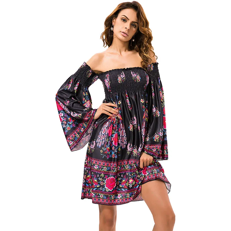 Women Summer Boho Dress Plus Size Stretch Flare Long Sleeve Club Party ...