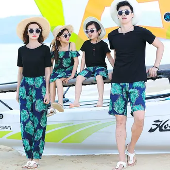 

beach family matching outfits look mommy dad and me clothes mother father son clothing sets t shirt+pants/trunks daughter dress
