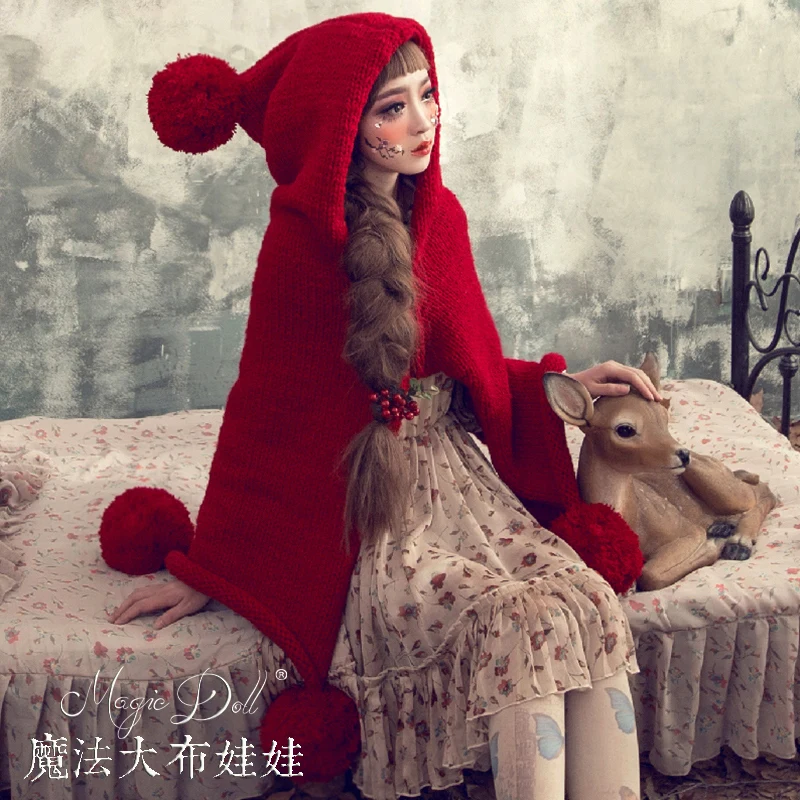 

Pull Rushed Top Cotton Novelty Poncho Winter 2017 Custom Big Hair Ball Thick Knitted Shawl Cape Coat Witch Hooded Sweater Women