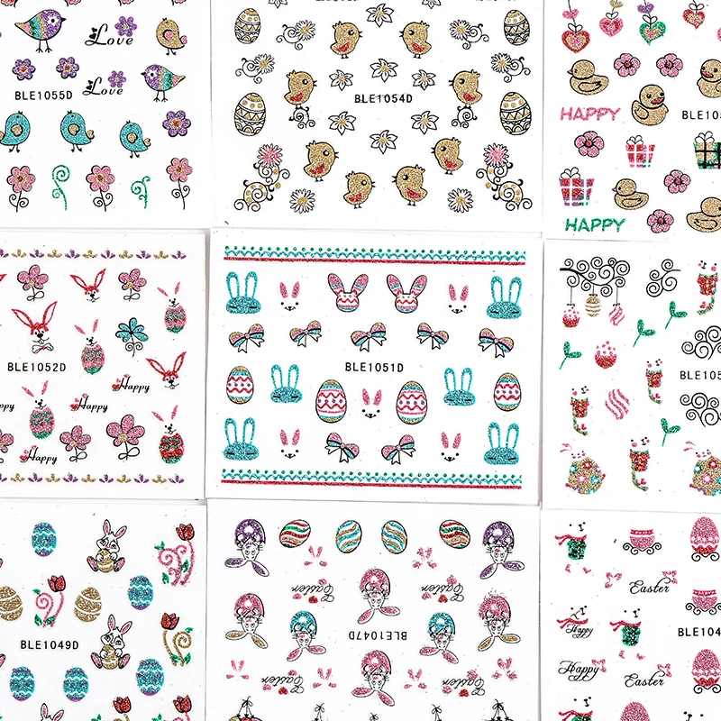

Mtssii 12 Designs Easter Egg Bird Chicken Rabbit Nail Sticker Glitter Girls Sticker 3D DIY Nail Art Water Transfer Tattoos