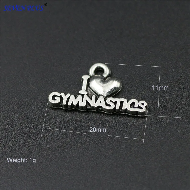 

High Quality 20 Pieces/Lot 11mm*20mm Antique Silver Plated I Love Gymnastics Small Gymnastics Charms For Jewelry Making