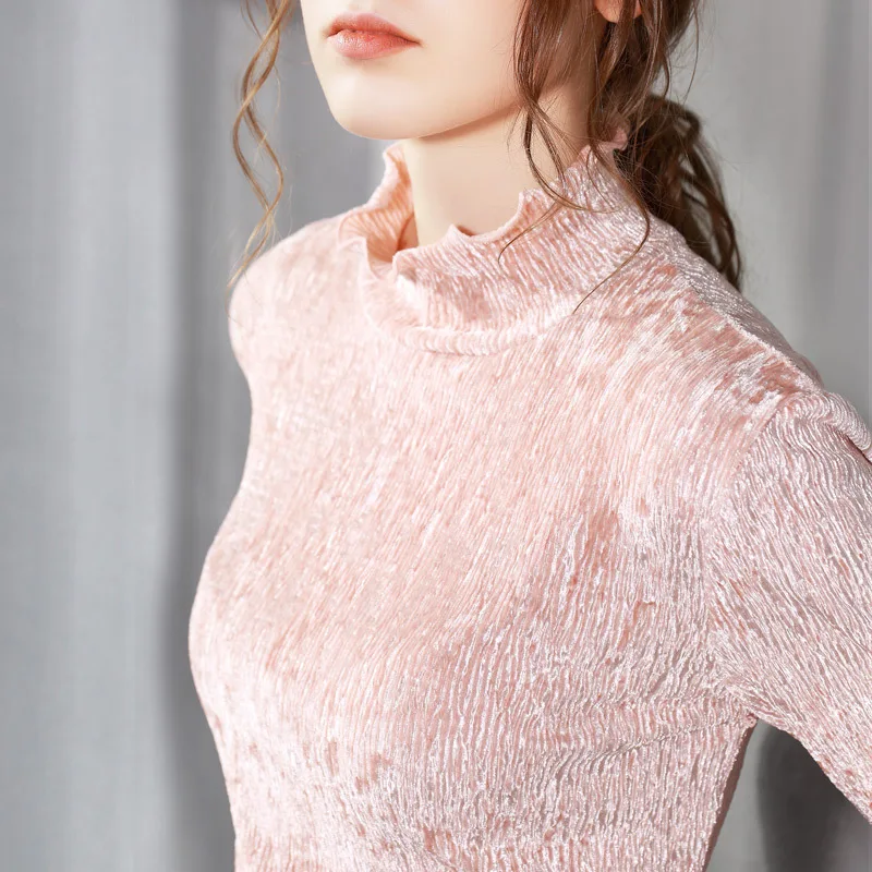 Women Velour T Shirt 2018 Spring New Hot Fashion Female Velvet Ruffles Turtleneck Long Sleeve Slim Elegant Tops T-shirts Women Velour T Shirt 2018 Spring New Hot Fashion Female Velvet Ruffles Turtleneck Long Sleeve Slim Elegant Tops T-shirts