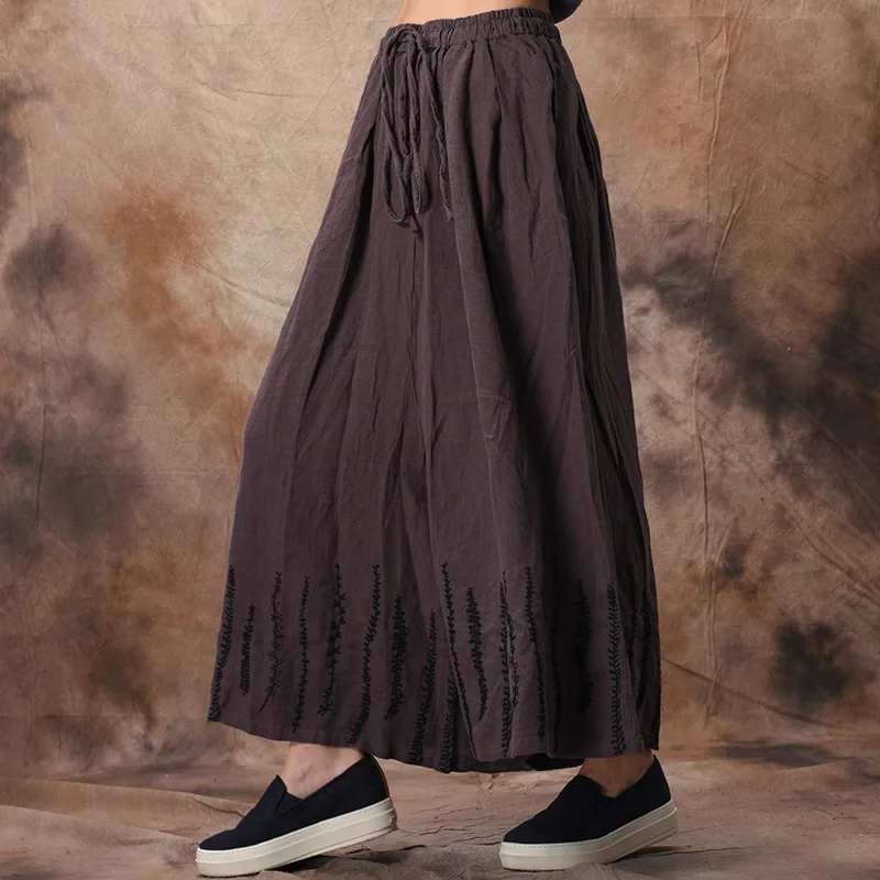 Plus caqui De marrón Vintage 2019 Mujeres Lino brick Las Cintura Red Johnature Primavera Negro Tamaño Bordado Calidad Ancha Algodón Pierna Alta Elástica Pantalones qwH6ERvF