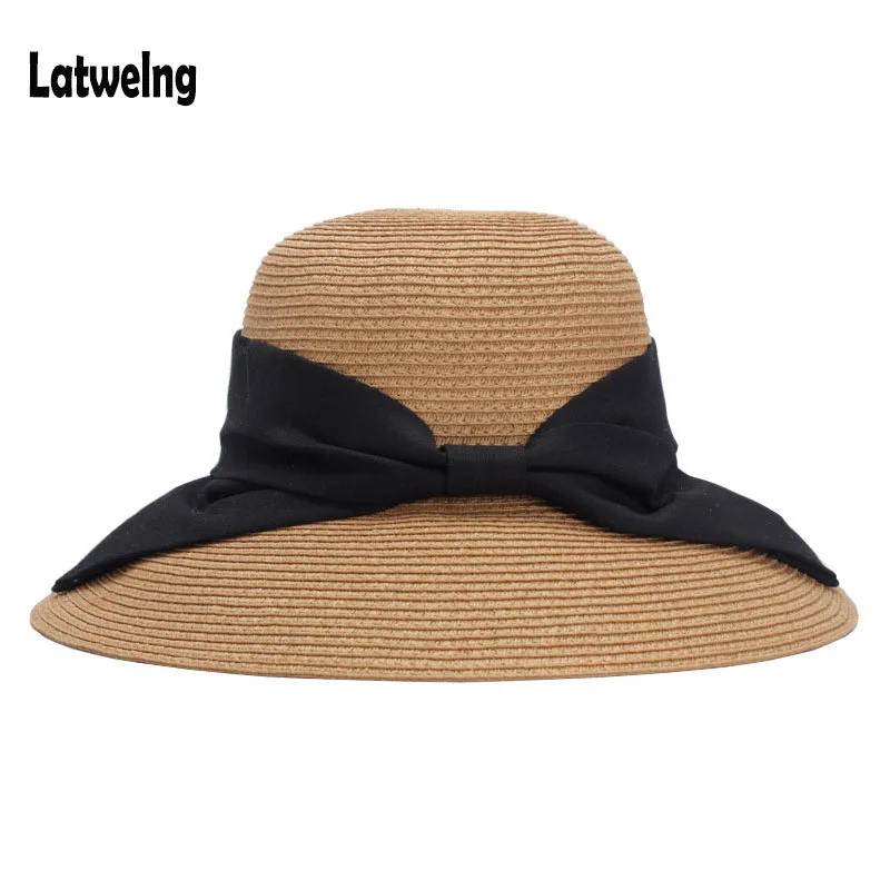 

2018 New Summer Women Straw Sun Hats Lady Foldable Beach Hat Fashion Bow Tie Handmade Wide Brim Panama Hat Travel cap