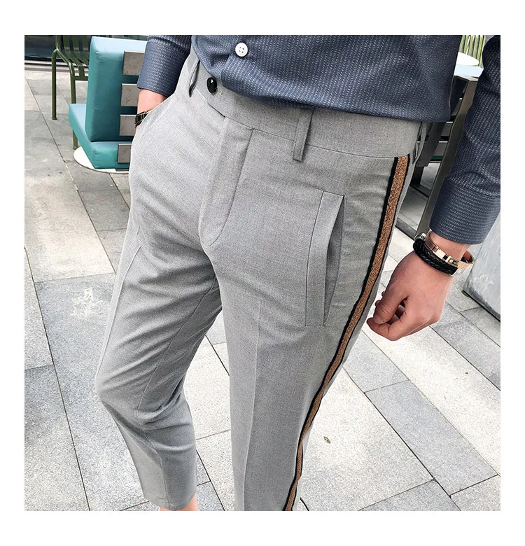 Мужские брюки с боковой лентой, деловые повседневные офисные брюки для мужчин, облегающие мужские брюки длиной до лодыжки, Pantalon