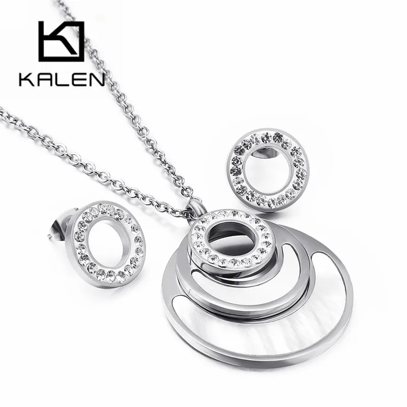 KALEN Women Double Layer Shell Jewelry Sets Stainless Steel Zircon Necklaces Earrings Sets For Women Wedding Engagement Jewelry - Image 2