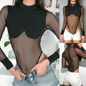 

Hirigin Womens Sexy Long Sleeve Full Mesh Sheer Patchwork Perspective Bodysuit Tops See Through O Neck Top Romper