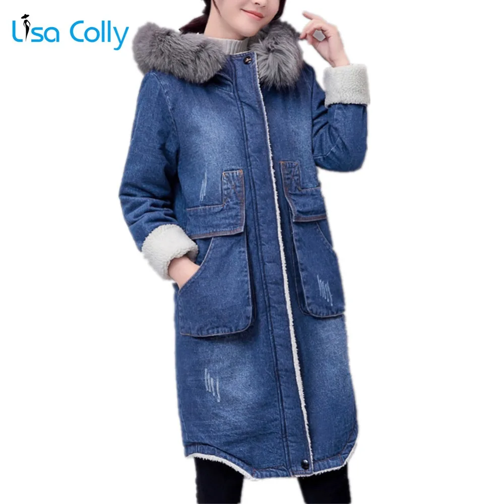Lisa Colly, новинка, женская зимняя теплая джинсовая куртка, пальто с капюшоном, свободное, повседневное, синее, джинсовое пальто, пальто для девушек, Толстая теплая верхняя одежда