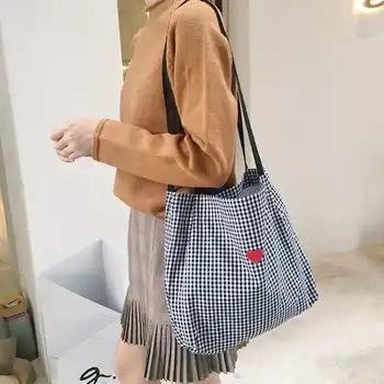 

AUAU-Women Canvas Shoulder Bag Black White Plaid Embroidery Ladies Shopping Bag Handbags Totes Cotton Cloth Beach Bags