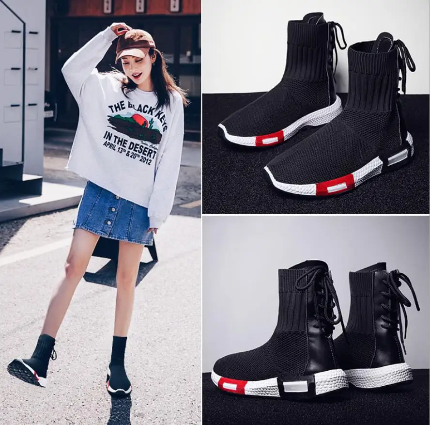 

Ankle Trainers Women's flat Shoe for Woman Sock boots Footwear Sneakers Sock Breathable Air Mesh Female Sneakers lace up flats