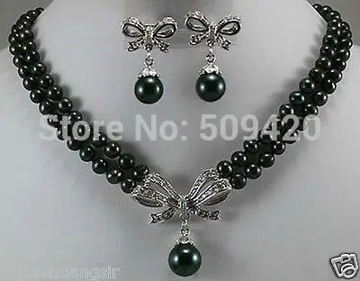 

G@W Free Shipping>>>>2 Rows black pearl necklace inlaid crystal bow pendant earring set (A0513)