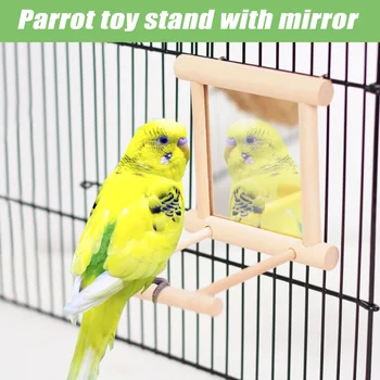 

Pet Toys Birds Wooden Stand Bar with Mirror Parrots Climb Toys Pet Supplies HG99