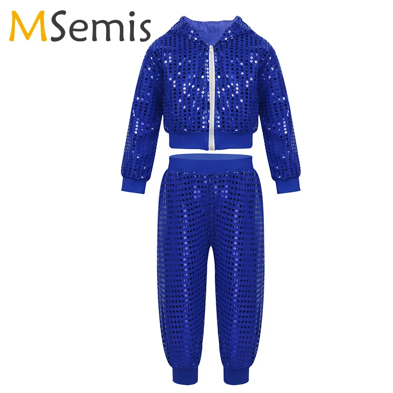 

Kids Girls Hip-hop Jazz Dance Costume Shiny Sequins Street Dancing Clothes Set Long Sleeve Hooded Tops with Pants Jazz Costume