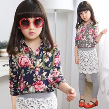 New Child Korean Girls Long Sleeve Pure Cotton Shirt Children Floral Blouse Kids Clothes Grey Dark Blue