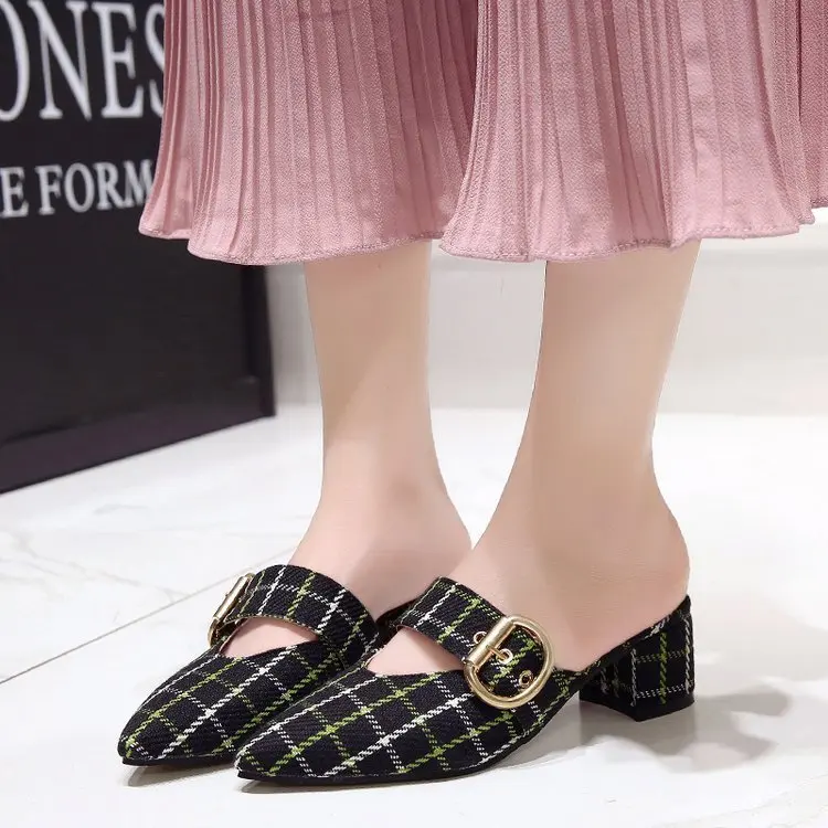 Koop Nieuwe Vrouwen Lady Babouche Wees Teen Gesp Half Scuff Muilezels Slides Hollow Out Vrouw Hoge Chunky Hakken Toevallige Slippers Schoenen a518