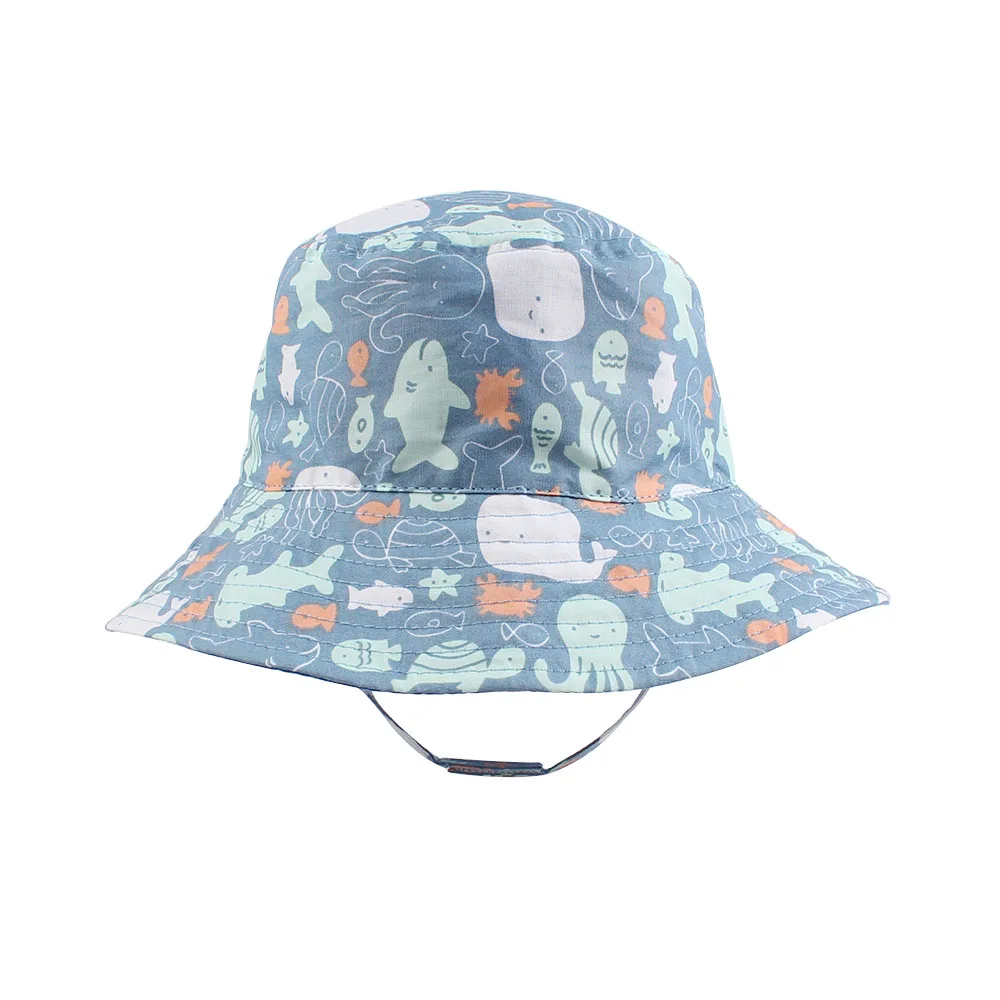 2Octopus Baby Boys Sun Bucket Hat Reversible Fisherman's Basin Cap Cotton Breathable Bonnet with Chinstrap and Marine Animal Pattern