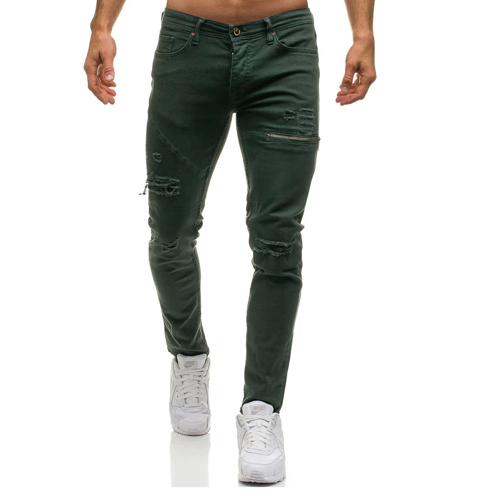 Мужские дизайнерские рваные джинсы для бега, мужские повседневные узкие джинсы, штаны с рваной молнией, длинные спортивные штаны, черные, синие, армейские, зеленые брюки