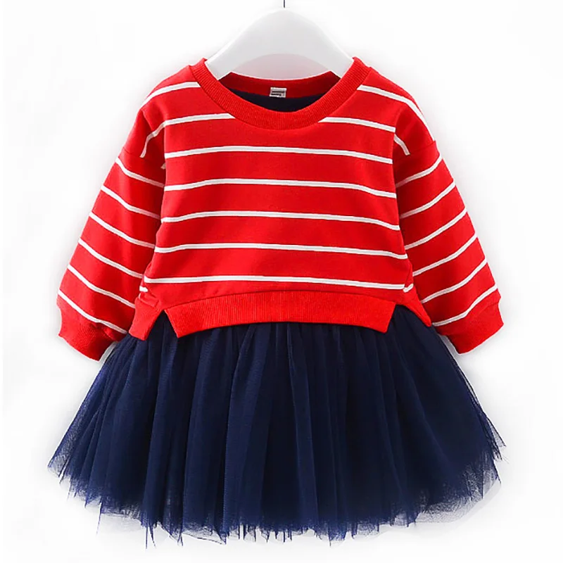 

New Girls Dress Long Sleeve Striped Kids Dresses For Girls Party Ball Gown Baby Princess Dress Winter 2017 Children Clothing