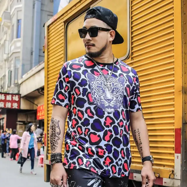 3D leopard head camouflage printing fashion large size short sleeve t-shirt Summer 2017 New ice silk quality t shirt men XL-6XL