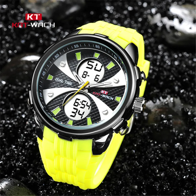 

Double Time Display Mens Wrist Watch LED Luminous Digital Watch Silicon Strap Week Date Display Waterproof Multi Function Reloj