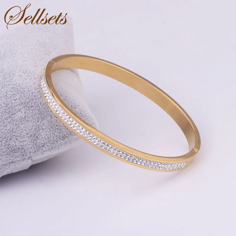 

Sellsets 2 Rows Crystal Rhinestone Pave Stainless Steel Bangle Cuff Fashion Gold Color Open Bracelets & Bangles For Women Gift