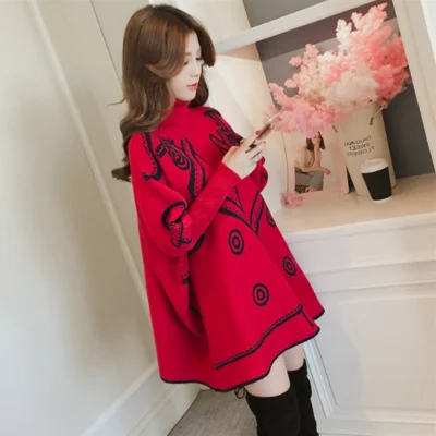 

Wholesale 2019 pregnant women winter long design turtleneck sweater maternity plus size batwing sleeve a-line knitted pullovers