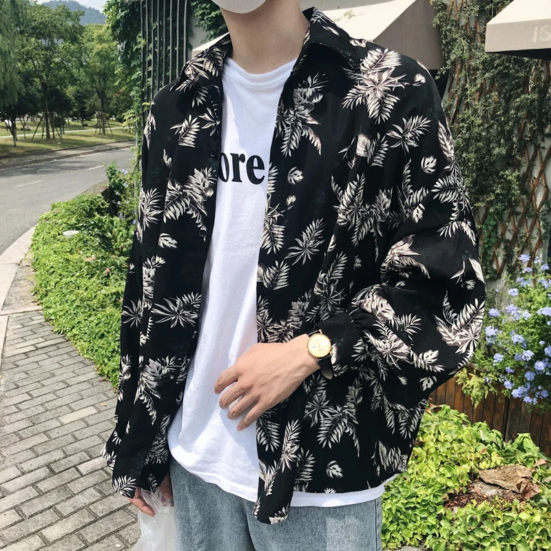 

Fashion Casual Men's Long-sleeved Shirt Spring And Autumn New M-XL Floral Loose Shirt Jacket Black Personality Youth Popular