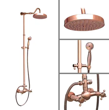

Antique Red Copper Brass Wall Mounted Bathroom 7.7" Round Rain Shower Head Faucet Set Dual Cross Handles Mixer Tap mrg609
