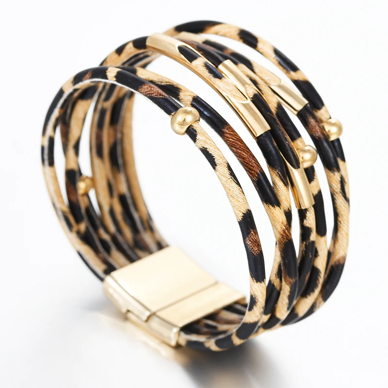 Amorcome леопардовые кожаные браслеты для женщин Модные Браслеты& Браслеты элегантный многослойный широкий браслет обруча ювелирные изделия