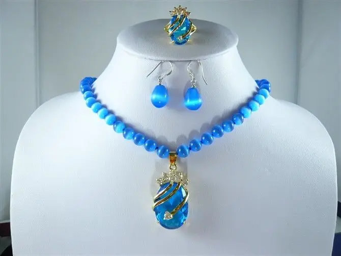 

charm blue jade/opal necklace +blue zircon pendant earring ring