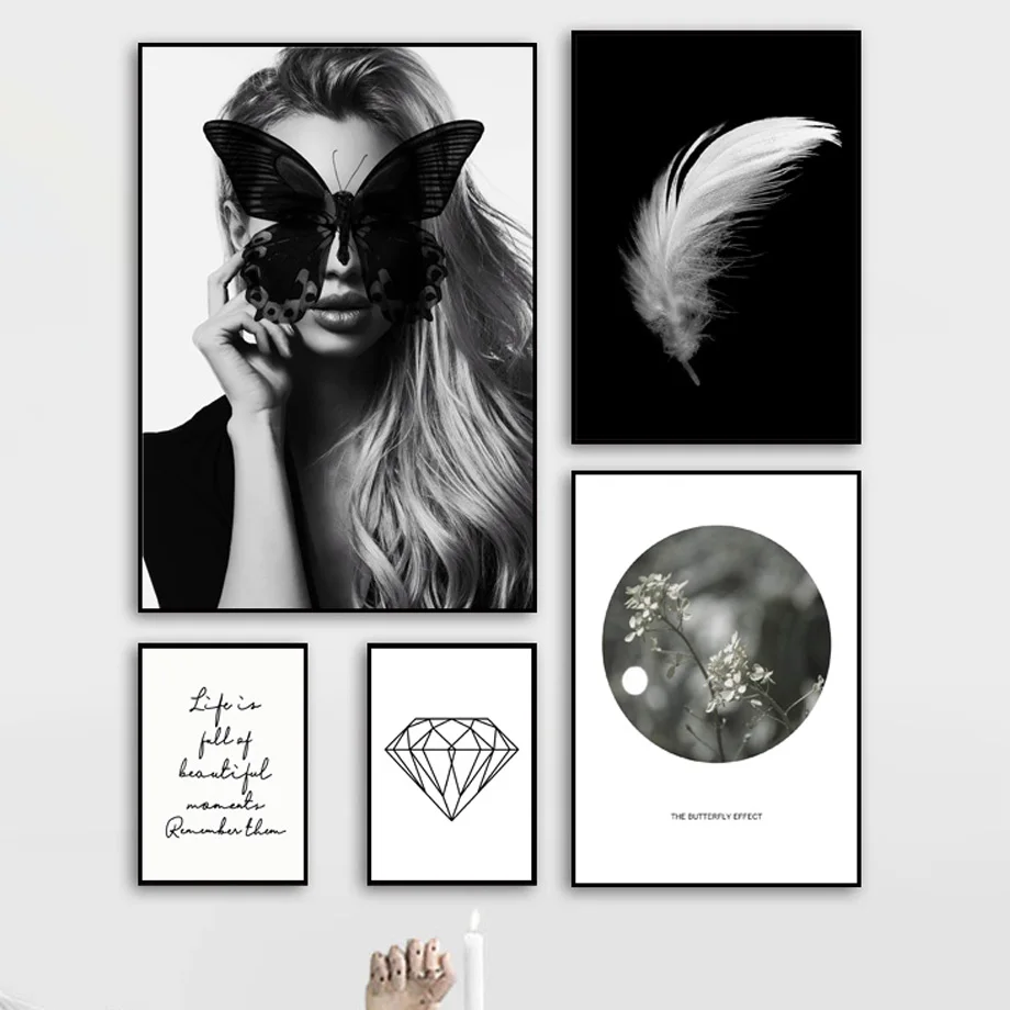 

Vogue Woman Flower White Feather Diamond Wall Art Canvas Painting Nordic Posters And Prints Wall Pictures For Living Room Deocr