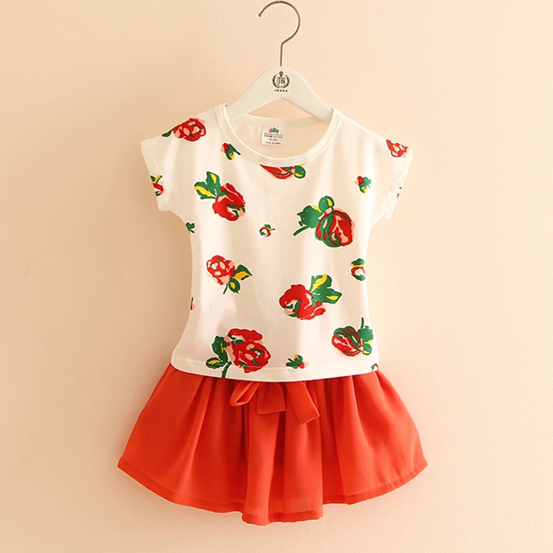 

Set For Girls New 2016 Fashion Flowers Printing Girls Summer Clothes O-neck Kids T Shirt+Skirts Bow Children Clothing 2879Z