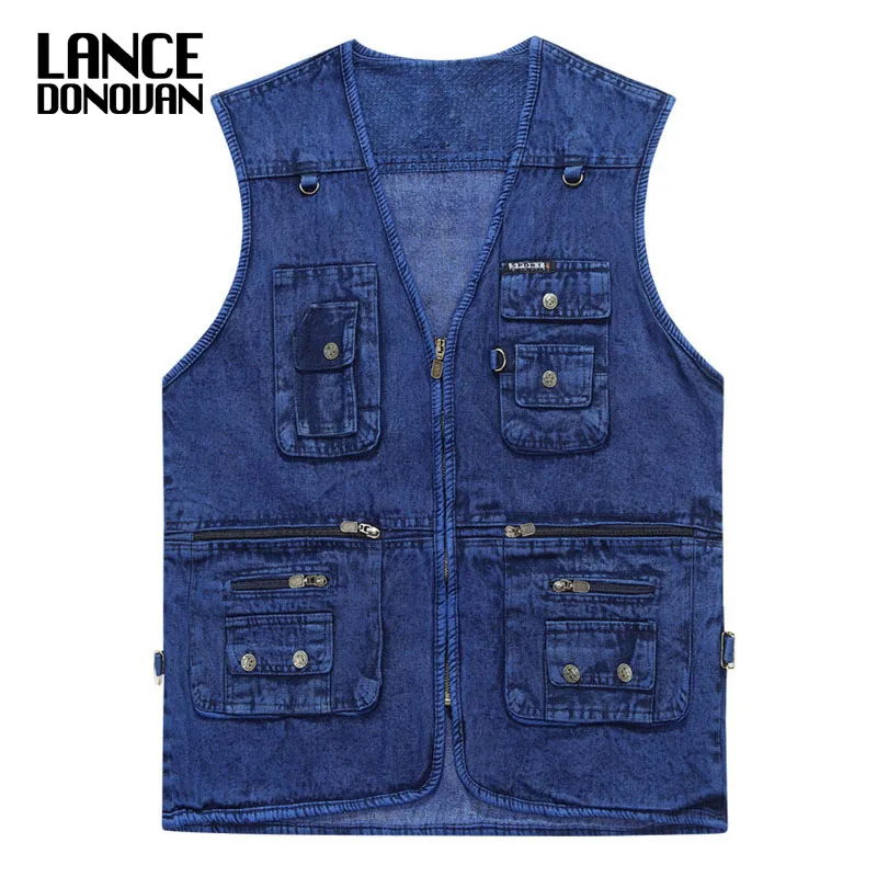 

Blue Denim Vest Men Sleeveles Jackets Casual Middle-aged Male with Many Pockets Plus Size L-5XL Waistcoat