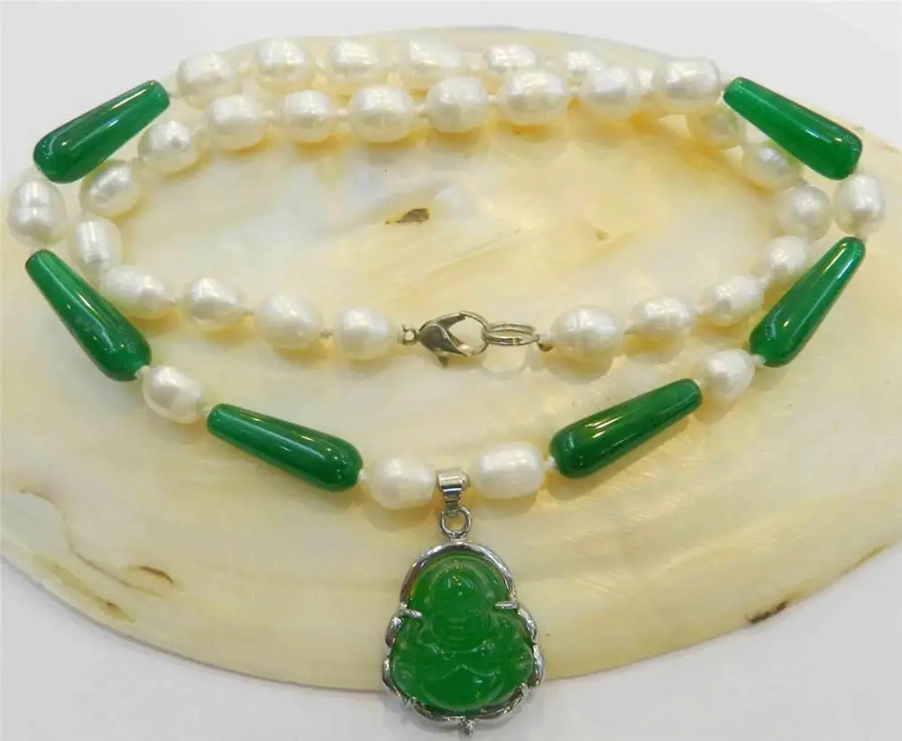 

free shipping A+03 White Pearl & Green Elongated droplets Necklace Buddha Pendant a()