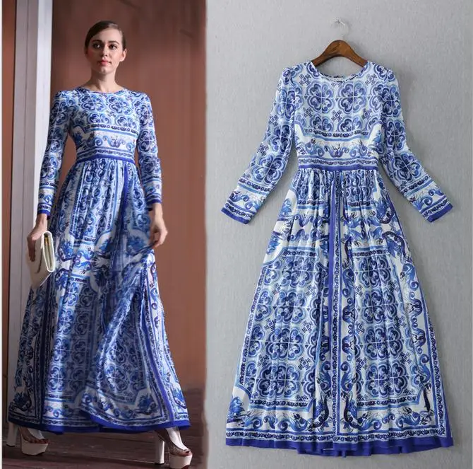 HIGH QUALITY New Nice Fashion Women Long Sleeve Vintage Blue And White Print Dress Brand Maxi