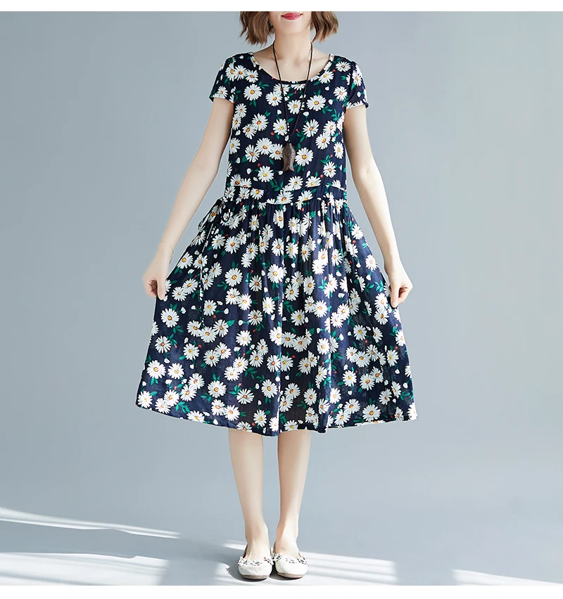 Summer Dresses Women 2019 Vintage Floral Print Cotton Linen Women Dress Elegant Short Sleeve Casual A-line Maxi Long Dress      4