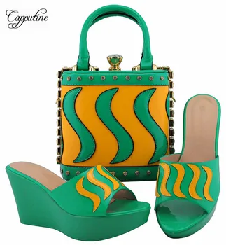 

Wonderful water green with yellow wedge heel sandal shoes and handbag set nice matching for party dress MD005