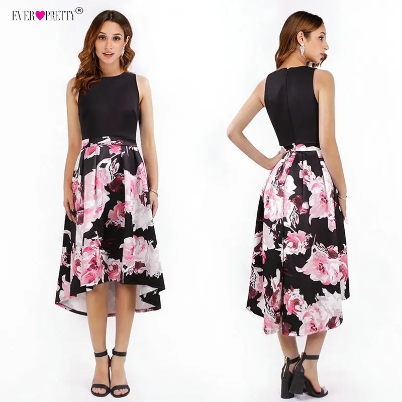 

Floral Print Short Prom Dresses Ever Pretty Scoop Sleeveless Tea-Length Party Gowns Modern Black Contrast Color Gala Jurken 2018