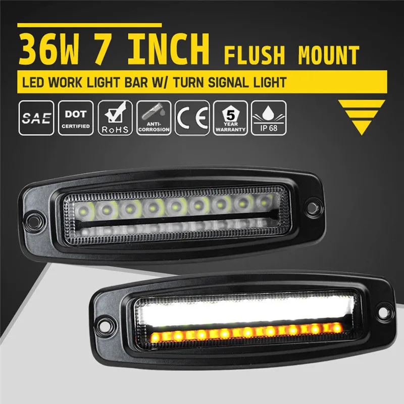 

New 1Pcs 18W 3600LM IP68 Two Color 7 Inch LED Work Light Bar High Quality Turn Signal Light Flush Mount Offroad Light#294398