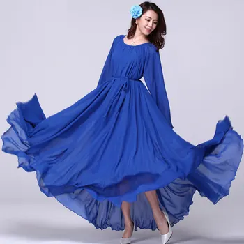 2021  Long Sleeve Solid Color Bohemia Elegant Plus Size Full Length Maxi Dress Holiday Beach Bridesmaid Sundress 2