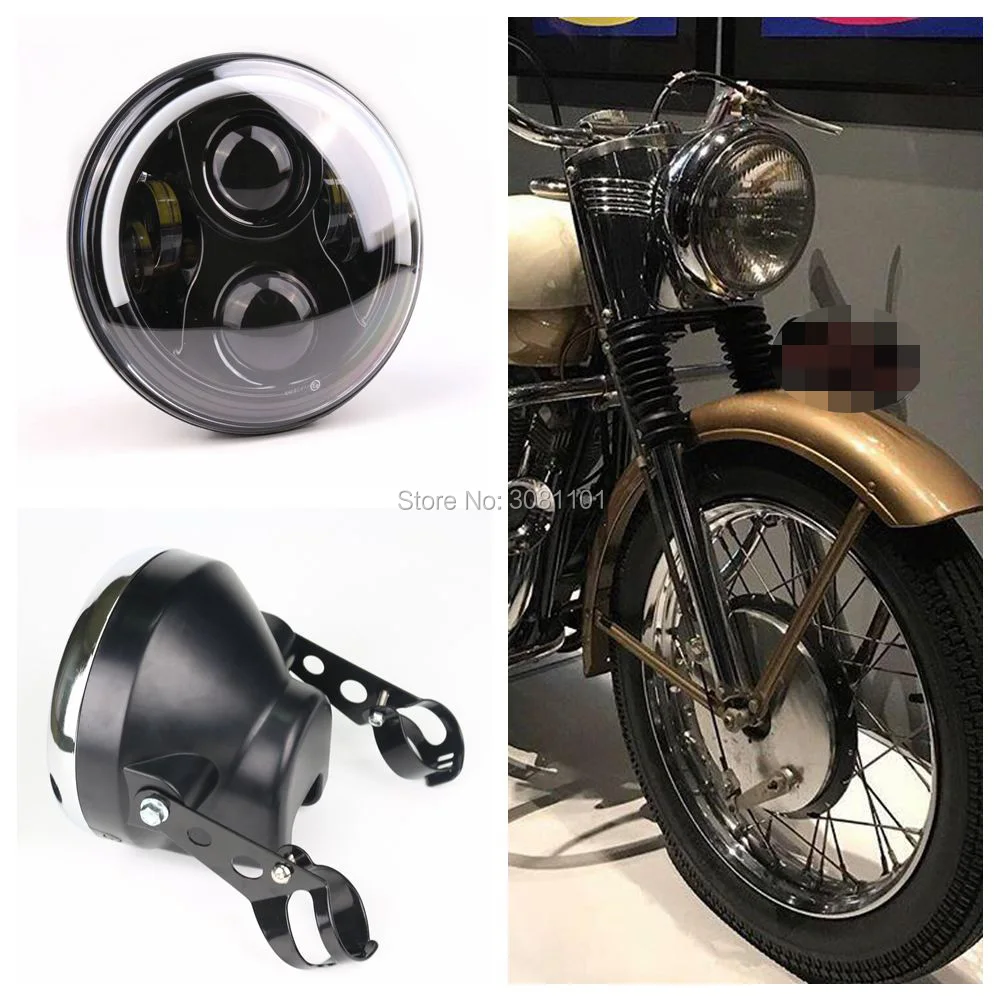 

7"Black Projector LED Headlight Hi/Low Beam H4 with White-Amber Halo Ring DRL +7"Plastic Mounting Lamp Housing for Harley