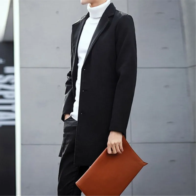 Мужской Тренч, новинка, модное удлиненное простое роскошное шерстяное пальто, зимнее однобортное ветрозащитное тонкое пальто, мужской Тренч, 5XL - Цвет: Black