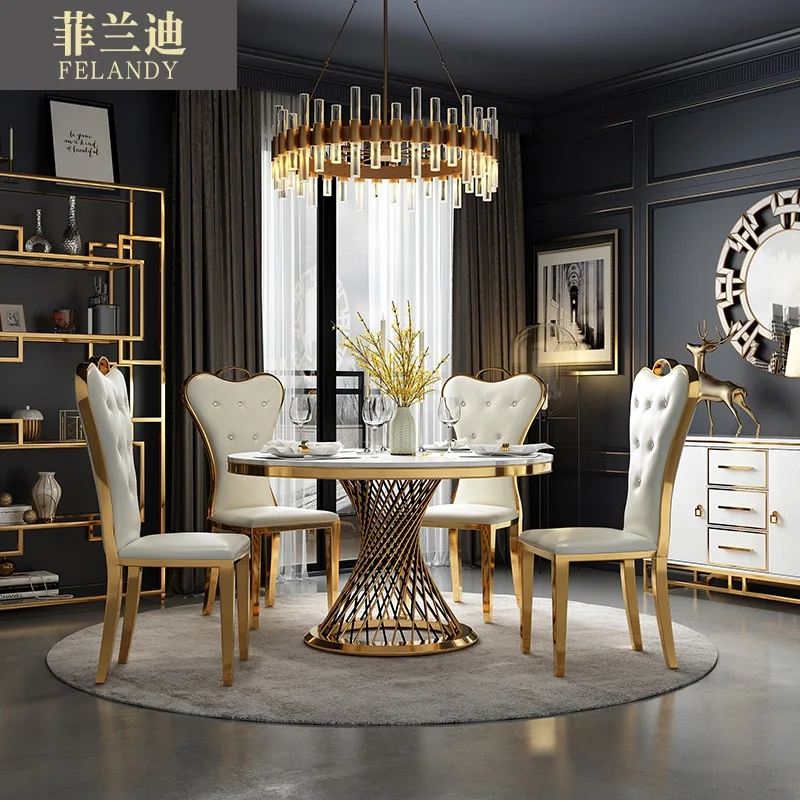 75cm High Metal Gilded Dinner Table / 130cm (4 1/4ft) Round Marble Top