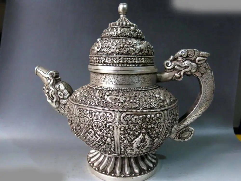 

12" China Tibet silver carved Foo Dos Lion Eight treasures dragon Teapot Statue A(0505)