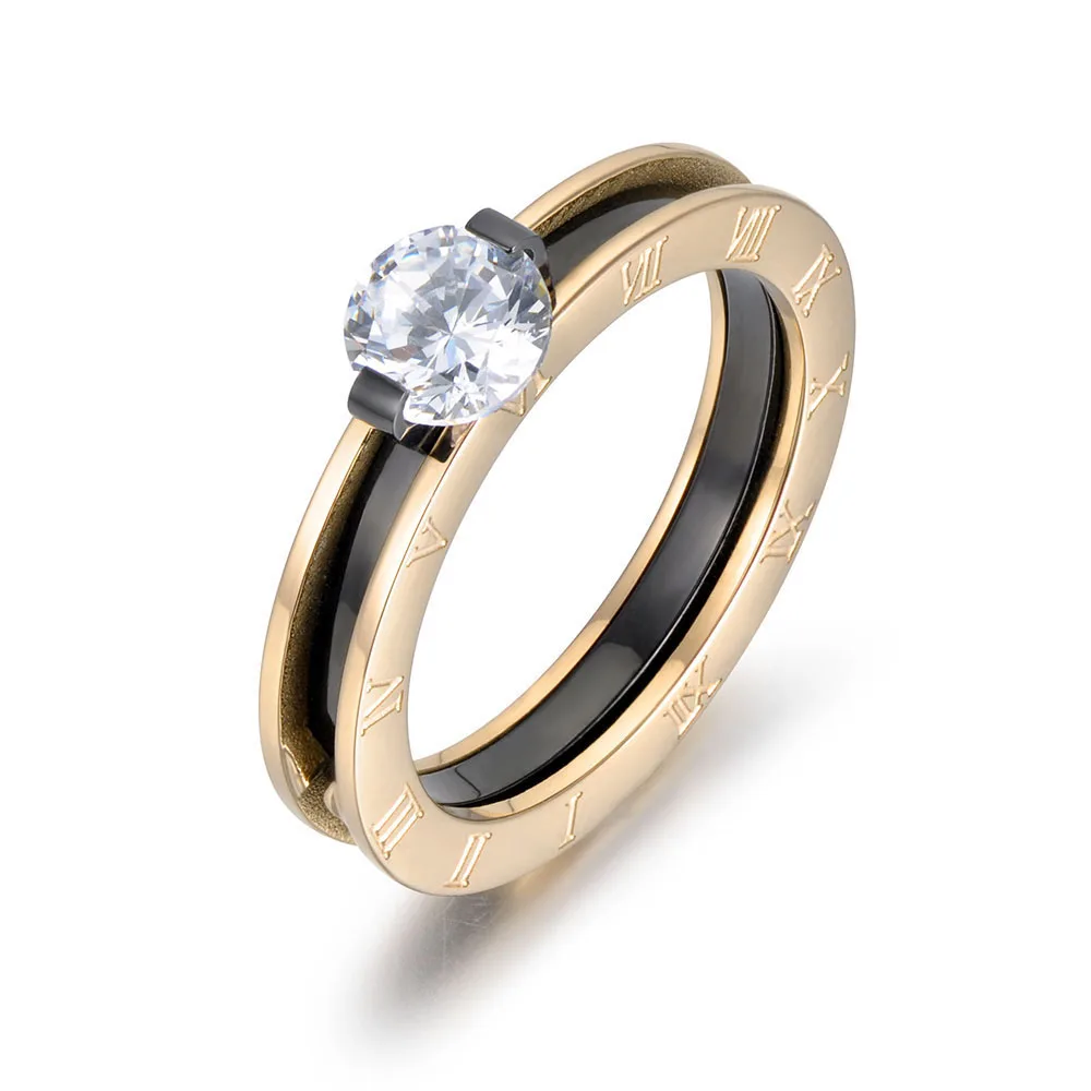 

JeeMango Classic Gold Color Cubic Zirconia Wedding Ring Jewelry Stainless Steel Roman Numbers Rings For Women Anneau R18026