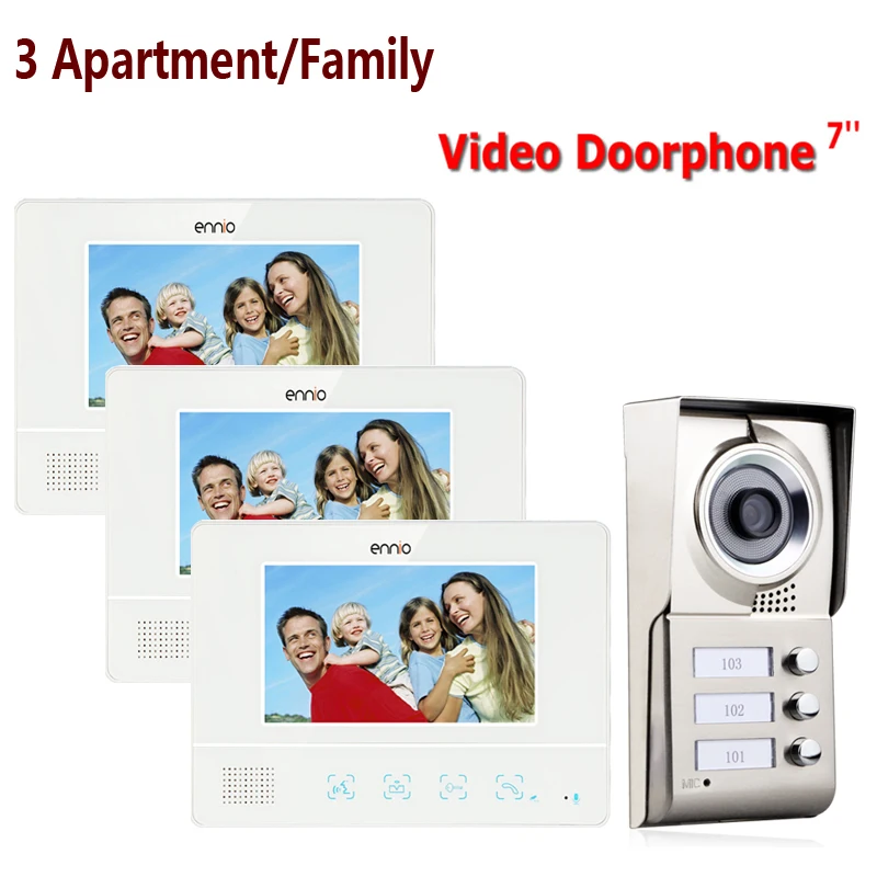 FREE SHIPPING ENNIO 3 Apartment/Family Video Door Phone Intercom System 1 Doorbell Camera with 3 button 3 Monitor Waterproof