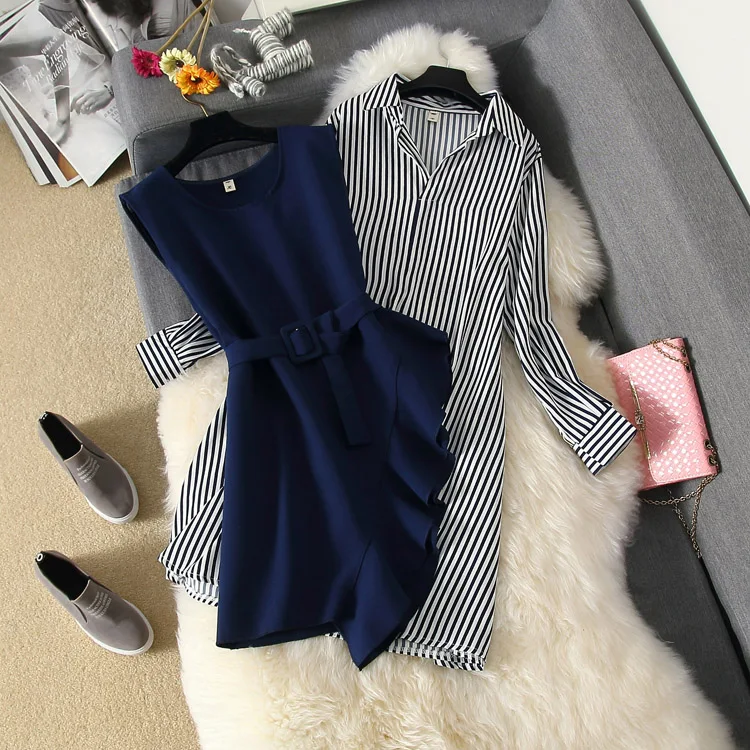 

2019 irregular vest sleeveless top+stripe shirt set, women's 2 pieces suit, women's summer suit, women's suits