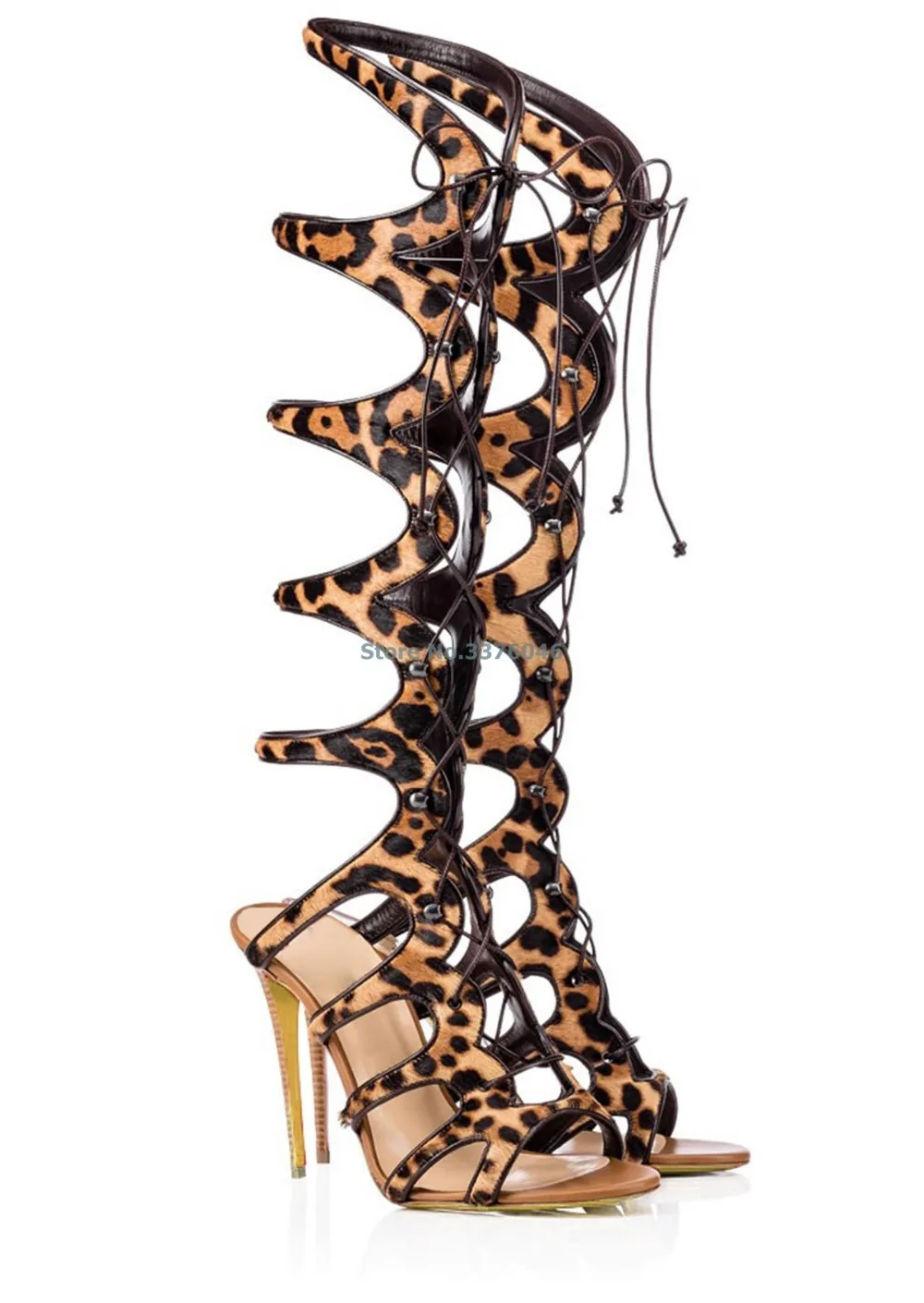 

Leopard Print Faux Horsehair Gladiator Thin High Heel Sandals Boots Black Cross Tied Lace Up Sandals Casual Hollow Out Shoes