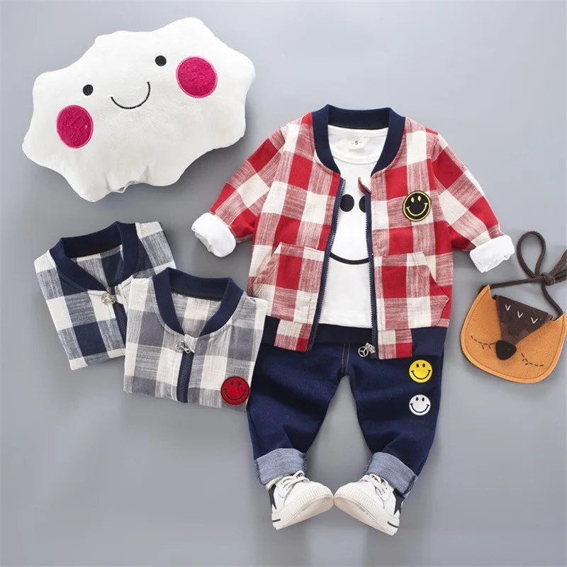 

2018 New Baby Boy Girls Clothing Sets Spring Autumn Baby Casual Fashion Lattice Smile Long Sleeve+pants Three Kids Clothes Sets