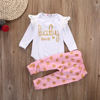 

Children Clothing Toddler Infant Newborn Baby Girls Gold Love Baby Lace Cotton Bodysuit+Pink Pants Jumpsuit Clothes Baby Set